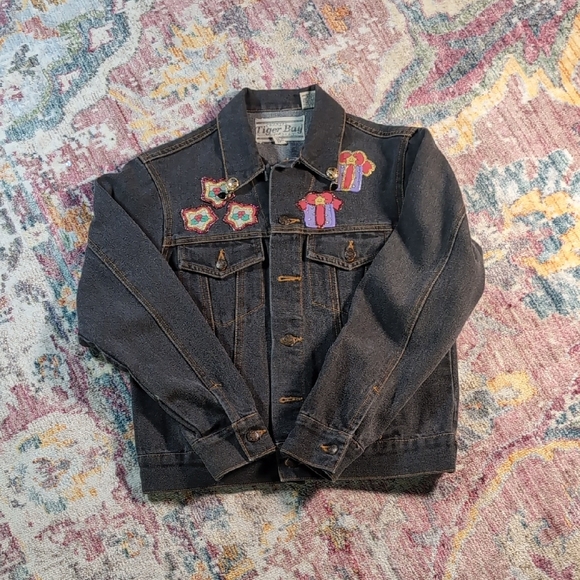 Kids Upcycled Santa Denim Jacket 10-12 Tiger Bay Christmas Patch Jean Coat - Picture 1 of 7